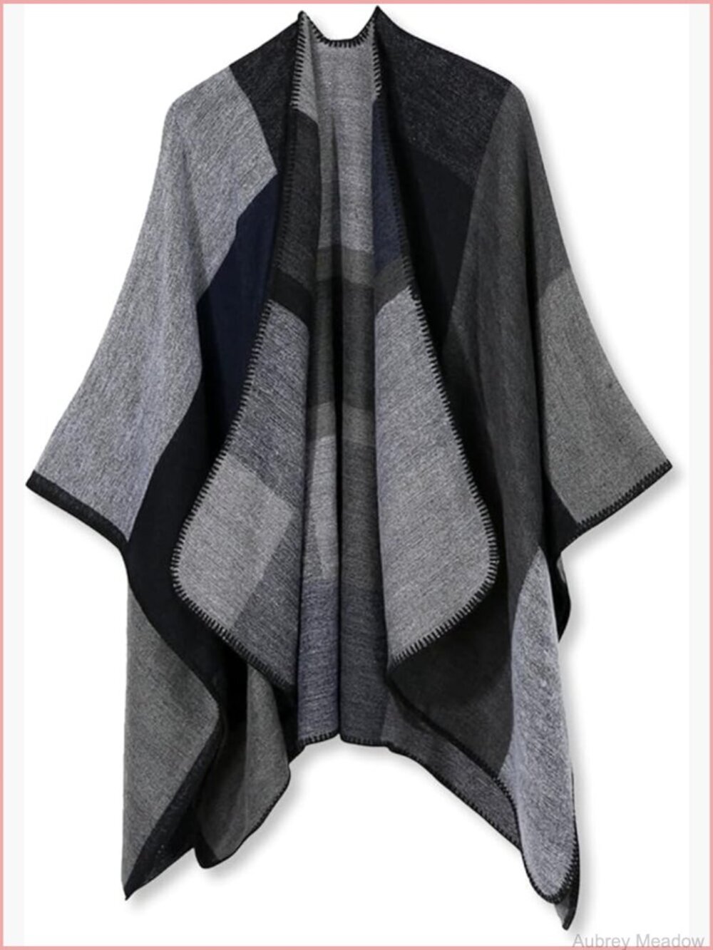 Cashmere Shawl Knitted Poncho Cape Color Block Check Pattern Open Front
